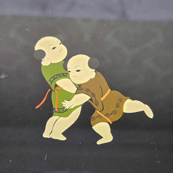 Japanese Lacquered Ryoshibako (Document) Box Children Playing Black Vintage - Picture 2 of 9